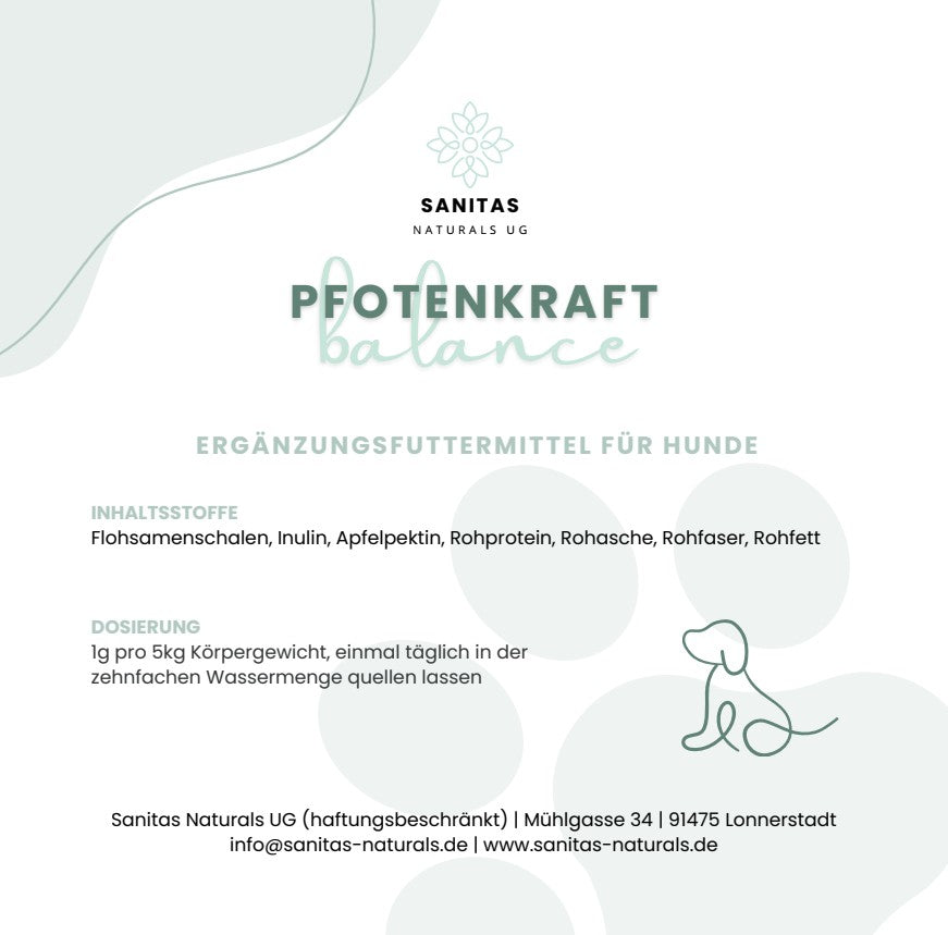 PFOTENKRAFT Balance, Ergänzungsfuttermittel für Hunde, enthält Flohsamenschalen, Inulin, und Rohstoffe.